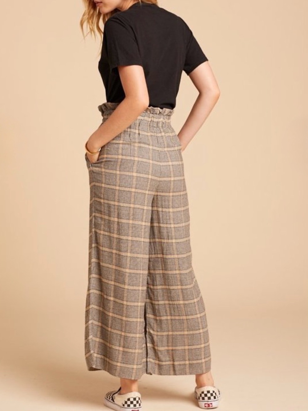 Free People Charlie Plaid Wide Leg Cropped Pants Paperbag Waist Sz S EUC - Picture 4 of 10